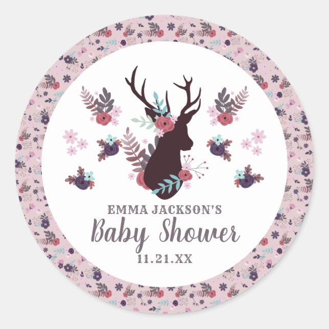 Sticker Rond Baby shower floral de la tête de cerf rustique Mau (Devant)