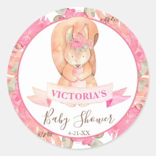 Sticker Rond Baby shower Floral de l'écureuil boho en bois doux