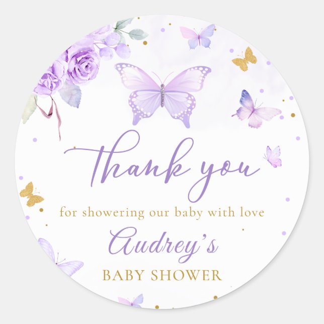 Sticker Rond Baby shower floral de papillon d'or violet (Devant)