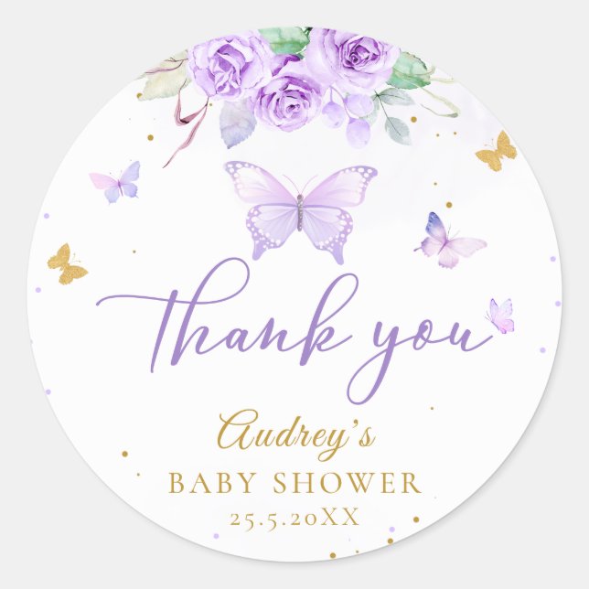 Sticker Rond Baby shower Floral de papillon d'or violet (Devant)