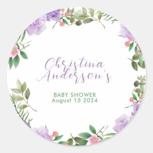 Sticker Rond Baby shower floral de printemps pourpre