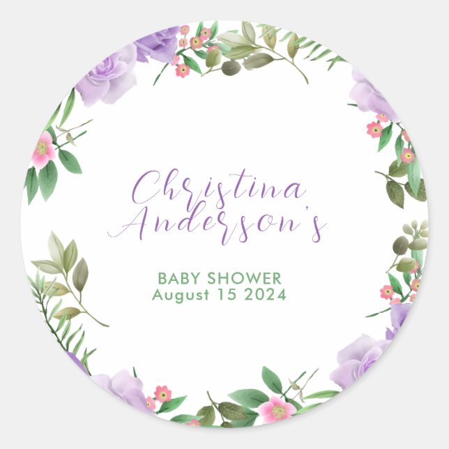 Sticker Rond Baby shower floral de printemps pourpre (Devant)