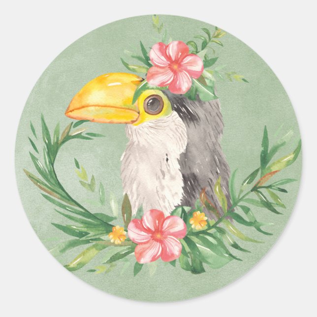 Sticker Rond Baby shower floral d'oiseaux tropicaux du Toucan (Devant)