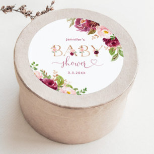 Sticker Rond Baby shower floral doré et burgundy automnal