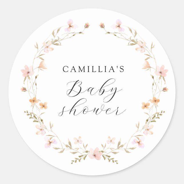 Sticker Rond Baby shower Floral fleur sauvage Boho (Devant)
