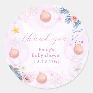 Sticker Rond Baby Shower Floral Flocon de Neige Rose Pastel