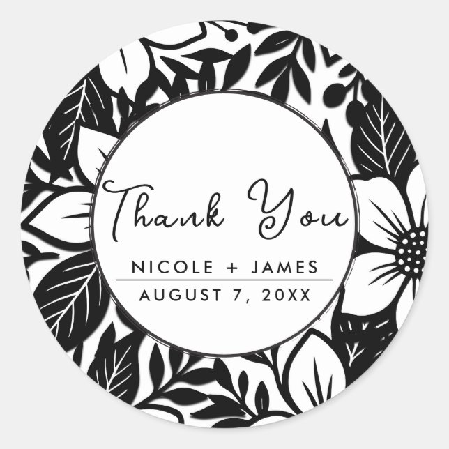 Sticker Rond Baby shower Floral Gras Noir & Blanc (Devant)