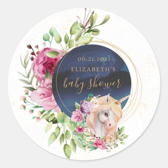 Sticker Rond baby shower floral magique de licorne (Devant)