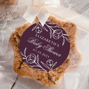 Sticker Rond Baby shower floral mauve esquissé