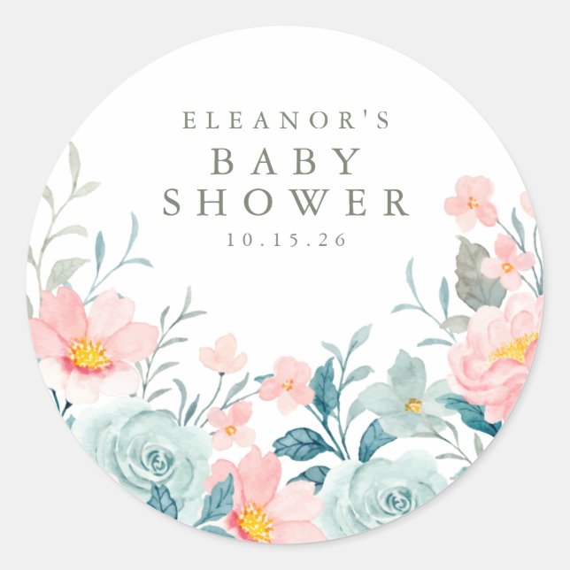 Sticker Rond Baby shower floral Pastel Turquoise rose (Devant)