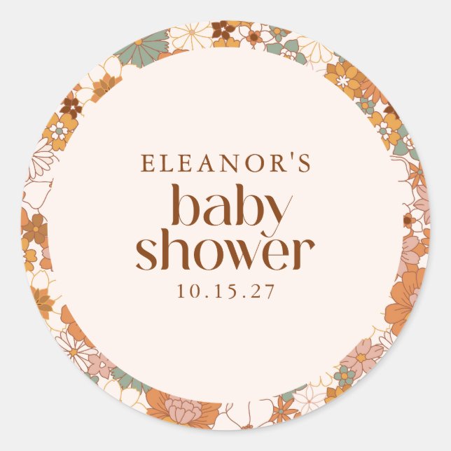 Sticker Rond Baby shower Floral Retro Terracotta Boho (Devant)