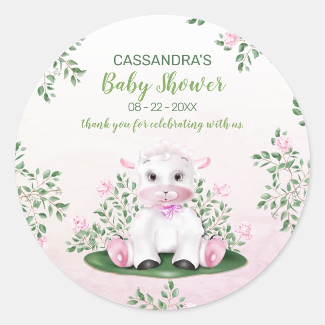 Sticker Rond Baby shower floral rose agneau (Devant)