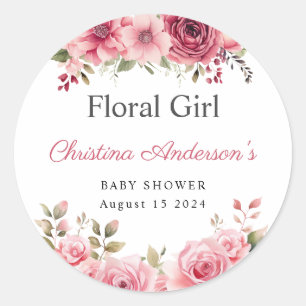 Sticker Rond Baby shower floral Rose coloré