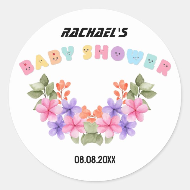 Sticker Rond Baby shower floral rose doux (Devant)