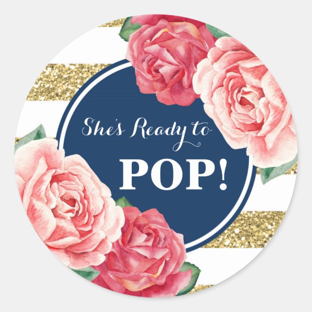 Sticker Rond Baby shower floral rose or Marine prêt à la pop (Devant)