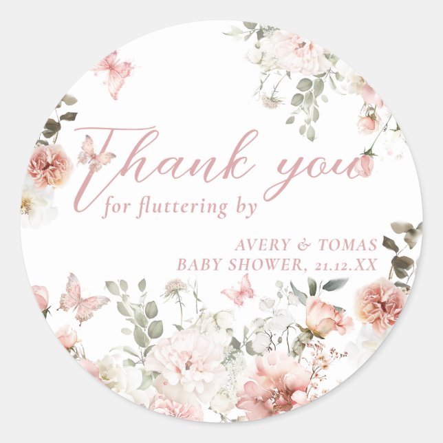 Sticker Rond Baby shower floral rose papillon flottant par (Devant)