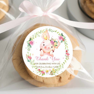 Sticker Rond Baby shower Floral Rose Piggy Cute Anniversaire Pr