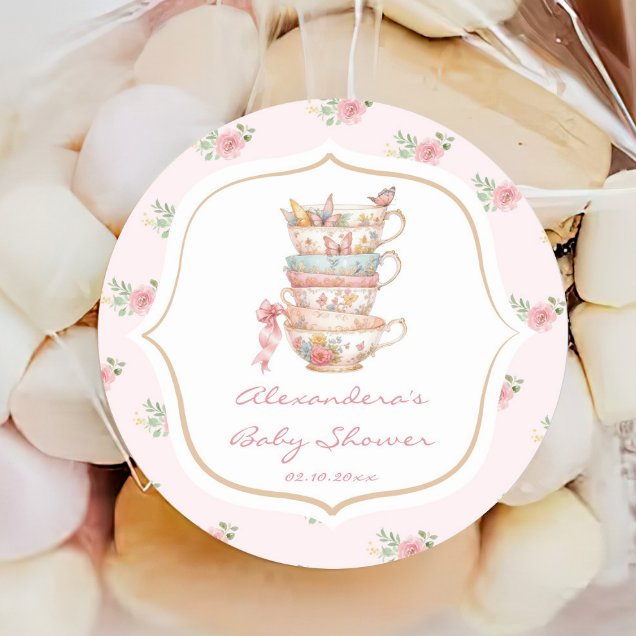 Sticker Rond Baby shower Floral Rose Tea Party (Créateur téléchargé)