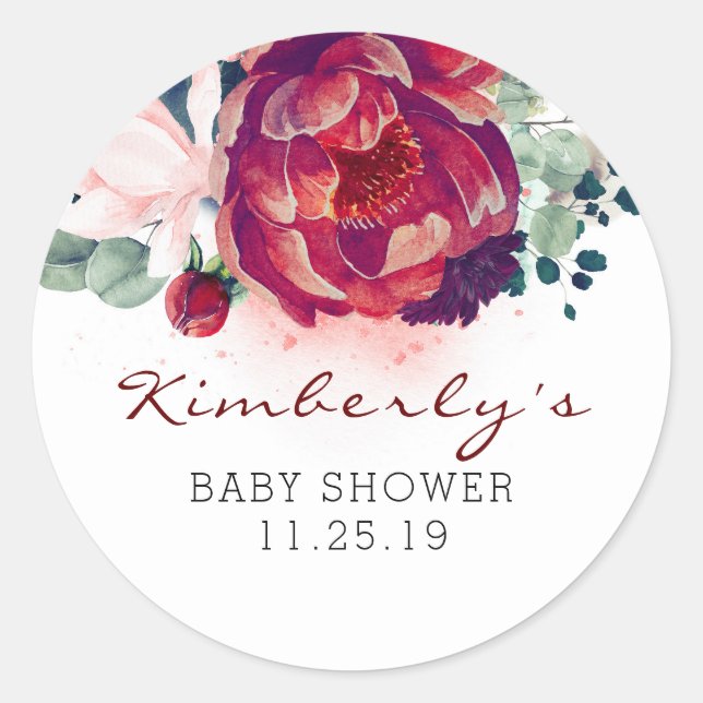 Sticker Rond Baby shower floral rouge et rose de Bourgogne (Devant)