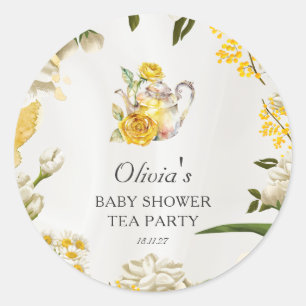 Sticker Rond Baby shower Floral Tea Party Livre vert Jaune