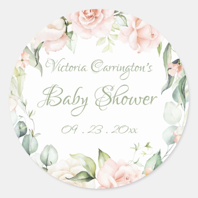 Sticker Rond Baby Shower Floral Vert Sauge Élégant  (Devant)