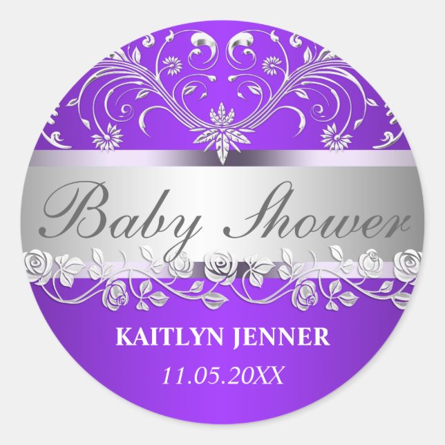 Sticker Rond Baby shower floral violet brillant Argent (Devant)