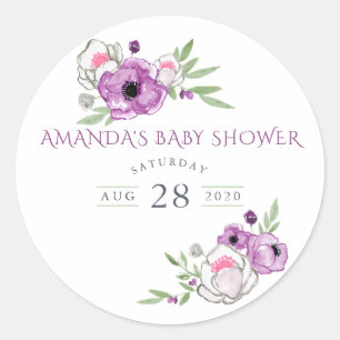 Sticker Rond Baby shower floral violet et couleur d'eau de Sage