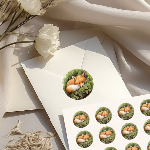 Sticker Rond Baby-Shower Foncé Renard au Lavis et Feuillage