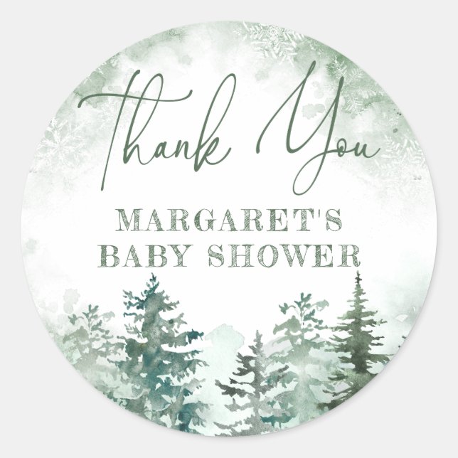 Sticker Rond baby shower forestier d'hiver Merci (Devant)