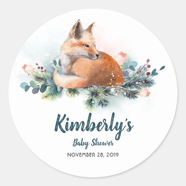 Sticker Rond Baby shower forestier renard et hiver (Devant)