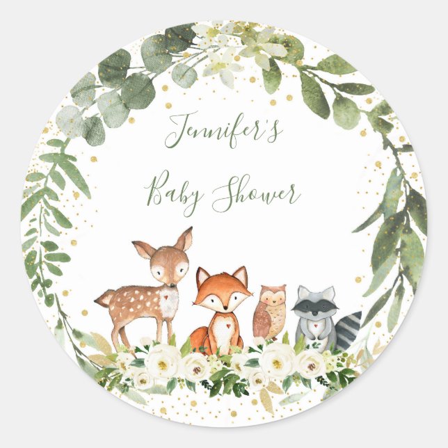 Sticker Rond Baby shower forestier Végétation Forêt Animaux (Devant)