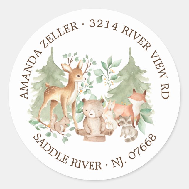 Sticker Rond Baby shower forestier Woodland Adresse de retour L (Devant)
