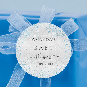 Sticker Rond Baby shower garçon argent bleu parties scintillant