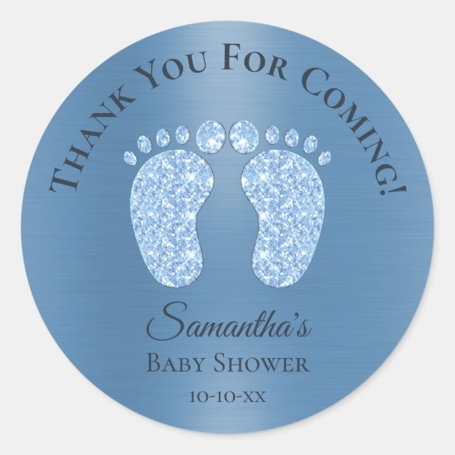 Sticker Rond Baby shower Garçon Bleu Pieds Merci bébé (Devant)
