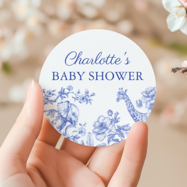 Sticker Rond Baby shower Garçon bleu Safari Toile de Jouy (Blue Boy Baby Shower Safari Toile de Jouy Classic Round Sticker)