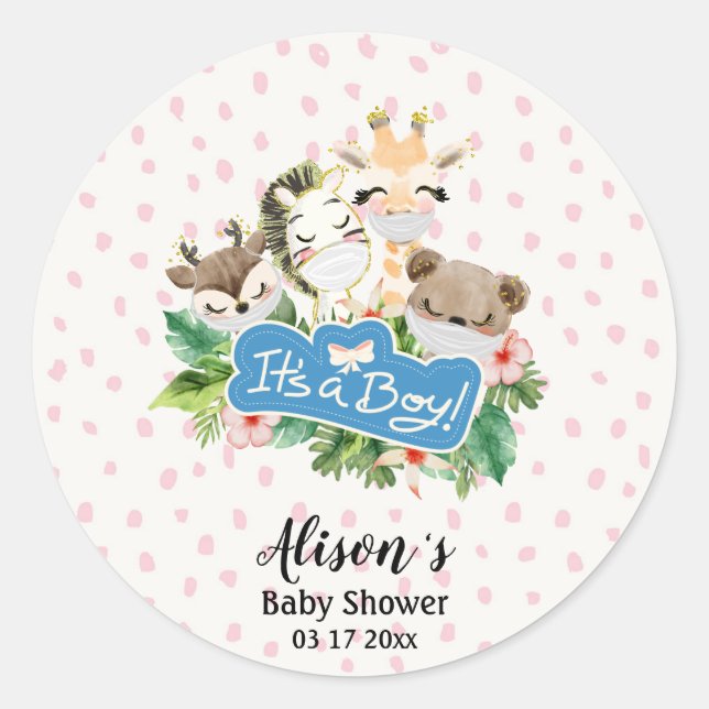 Sticker Rond Baby shower garçon | Cute Gold Safari animaux amis (Devant)