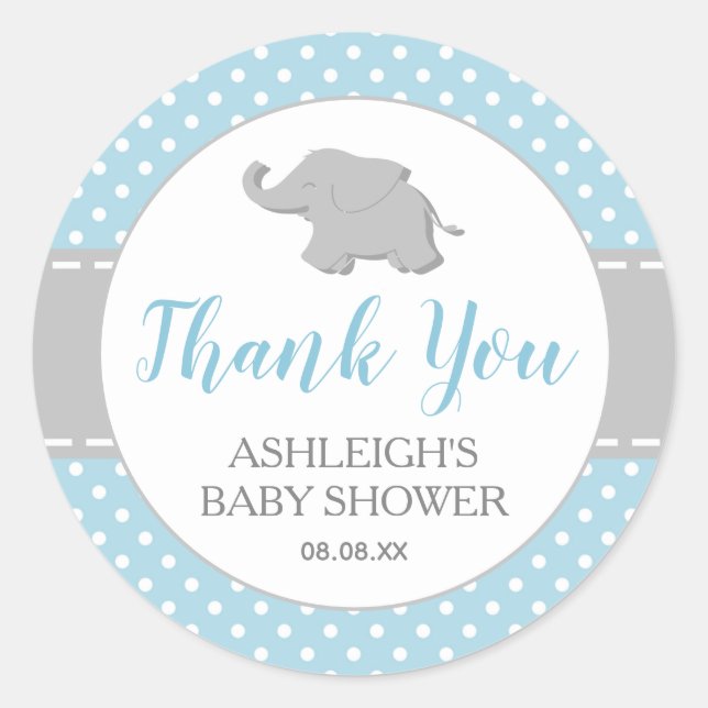 Sticker Rond Baby Shower Garçon Eléphant Bleu à Points (Devant)