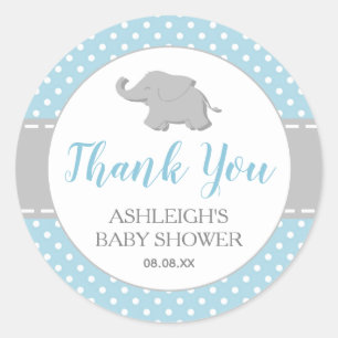 Sticker Rond Baby Shower Garçon Eléphant Bleu à Points