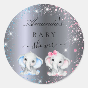Sticker Rond Baby shower garçon fille bébé éléphants argent