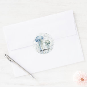 Sticker Rond Baby-Shower Garçon Méduse Bleu Poussiéreux