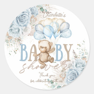 Sticker Rond Baby Shower Garçon Ours en Peluche Pampas Floral B