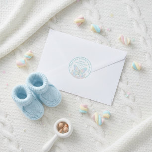 Sticker Rond Baby Shower Garçon Papillon Guimauve Bleue