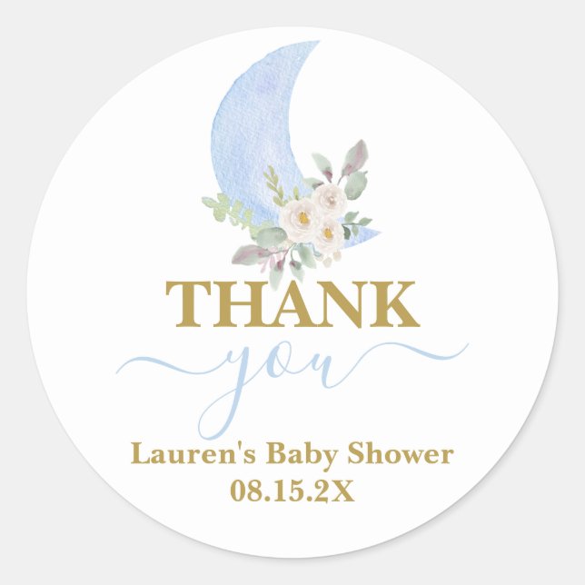 Sticker rond Baby shower garçon sur la lune (Devant)