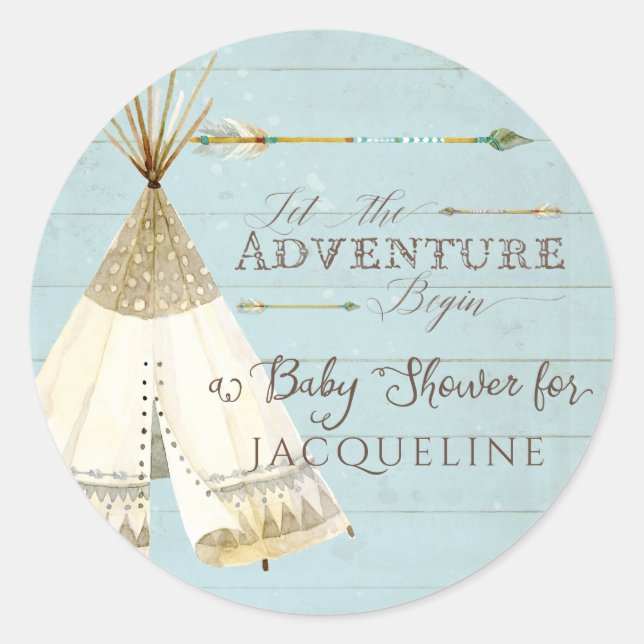 Sticker Rond Baby shower garçon Teepee BOHO Bohemian Adventure (Devant)