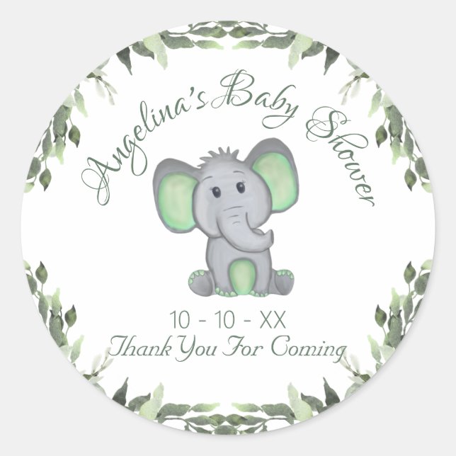 Sticker Rond Baby shower Genre Neutre Verdure Éléphant (Devant)
