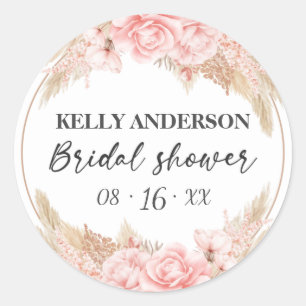 Sticker Rond Baby Shower Géométrique Bohème Pampas Rose Gold 