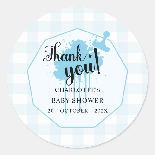 Sticker Rond Baby Shower Gingham Bleu Pastel Mignon (Devant)