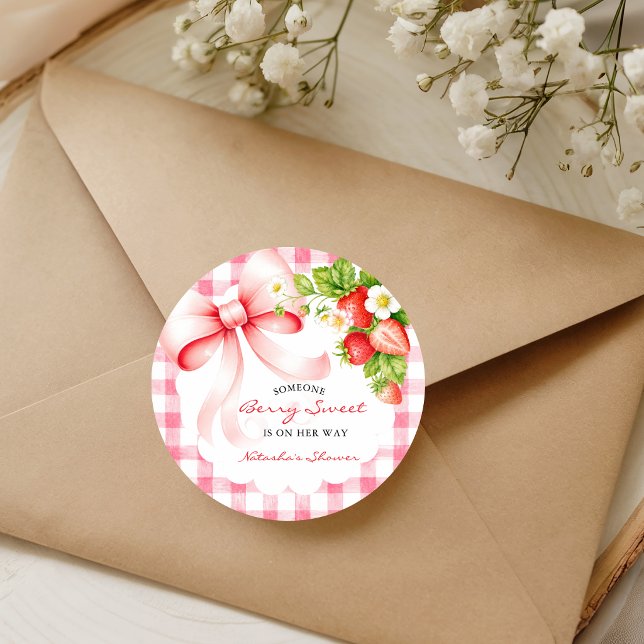 Sticker Rond Baby shower gingham fraise rose (Créateur téléchargé)