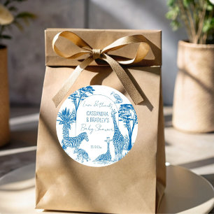 Sticker Rond Baby shower girafe bleu Safari toile