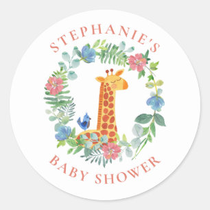 Sticker Rond Baby shower Giraffe Floral Wreath Personnalisé
